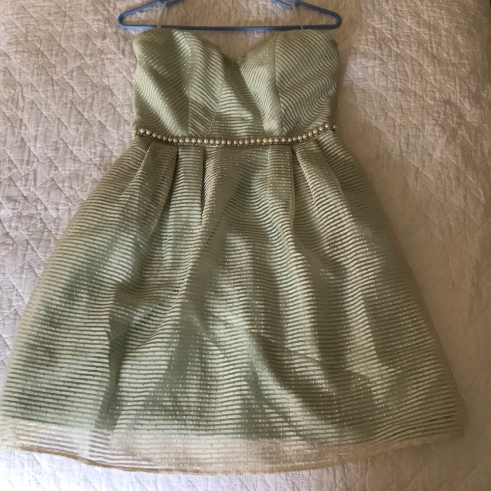 Mint and gold cocktail dress with beaded waistline